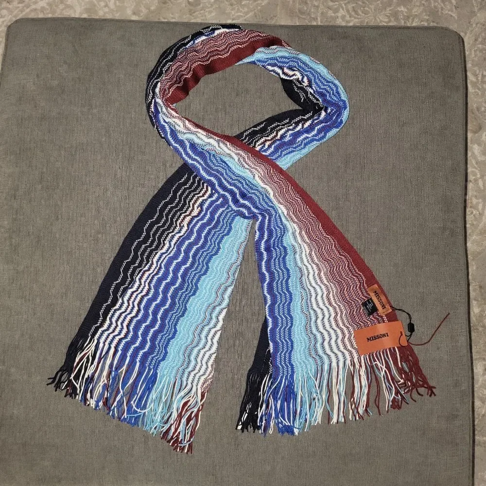 Missoni Knit Zigzag Scarf Italian Made Wool Blend Blue multi color Fring…